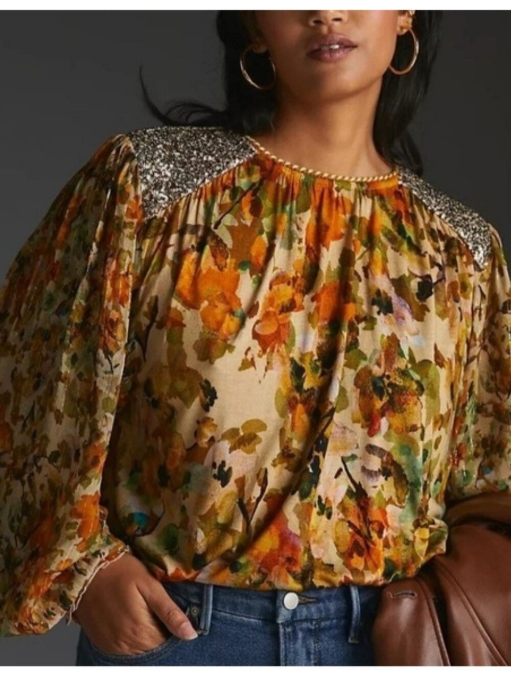 Anthropologie New Bl-nk London Yellow Floral Sequin Embellished Blouse SZ Medium